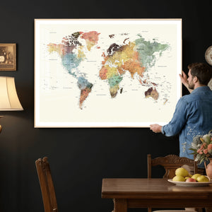 Framed World Map Wall Art Canvas Print for Living Room and