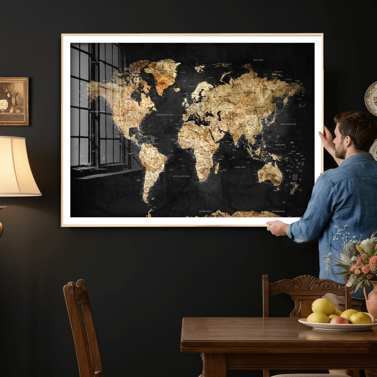 World Map Canvas Wall Art with Famous Landmarks – Framed
