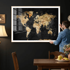 World Map Canvas Wall Art with Famous Landmarks – Framed