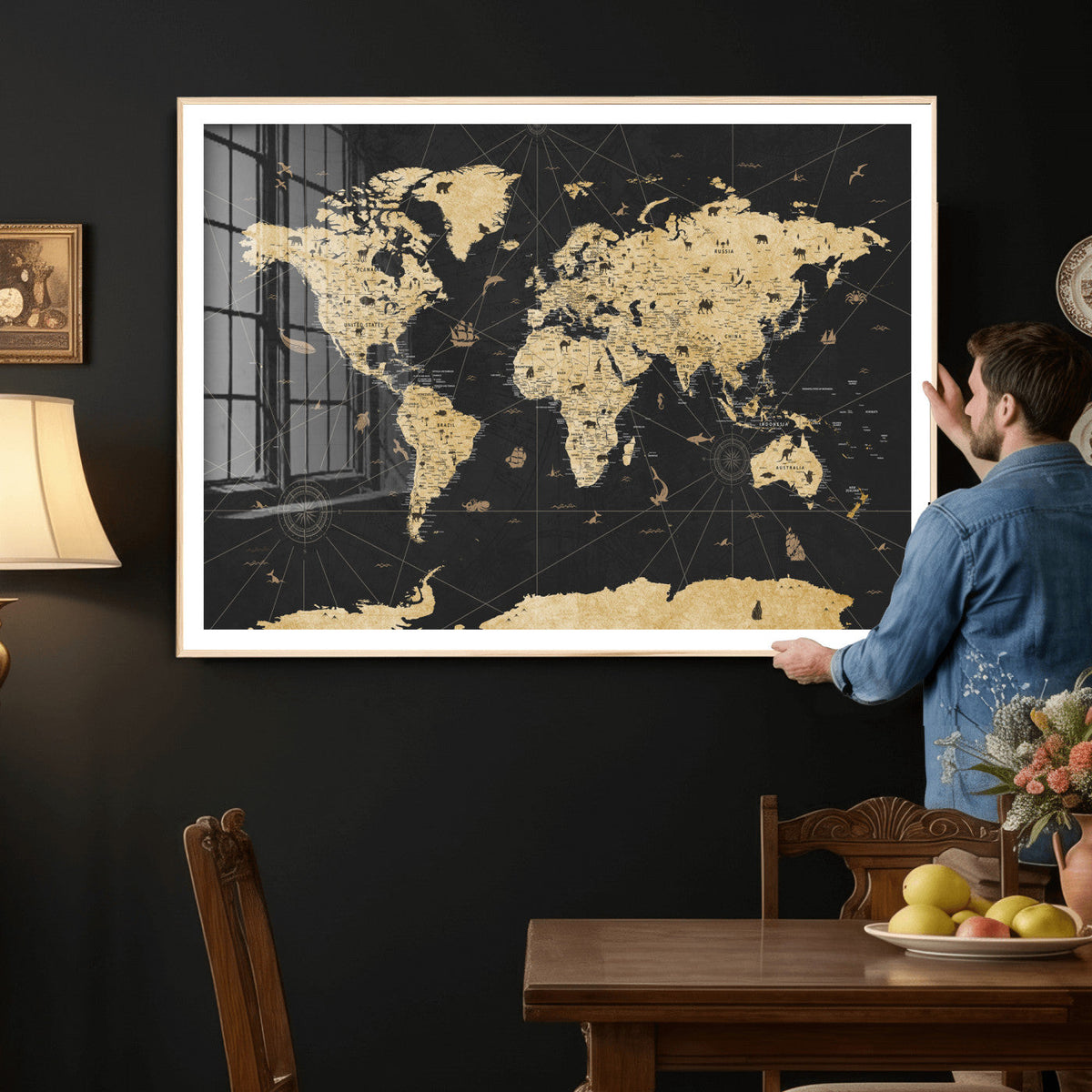 Vintage Blue and Brown World Map Canvas Wall Art – Framed