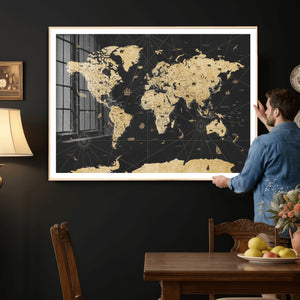 Vintage Blue and Brown World Map Canvas Wall Art – Framed