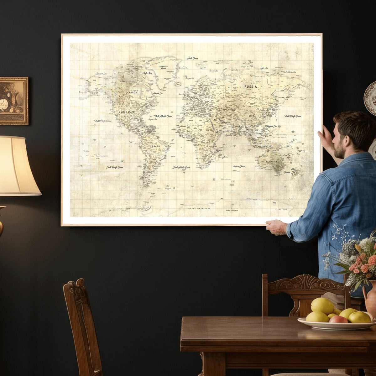 Colorful Watercolor World Map Canvas Wall Art – Framed