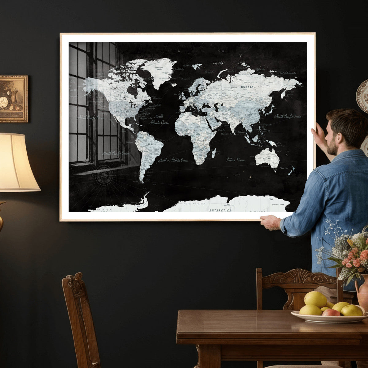 World Map Canvas Print – Framed Push Pin Wall Art, Color