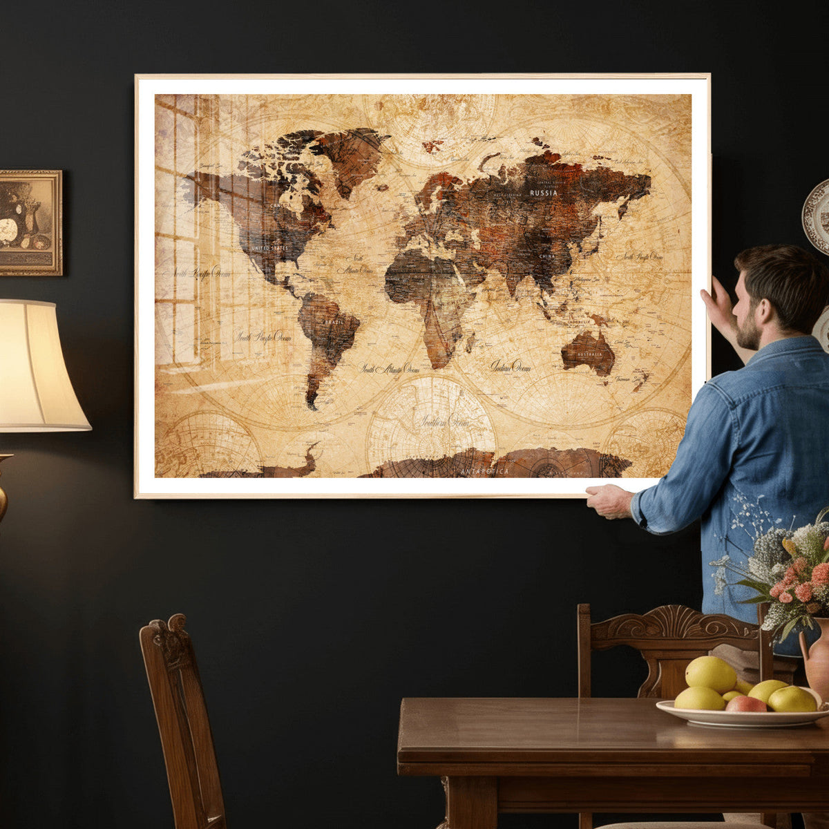 Modern Red and Gray World Map Canvas Print – Framed Wall Art