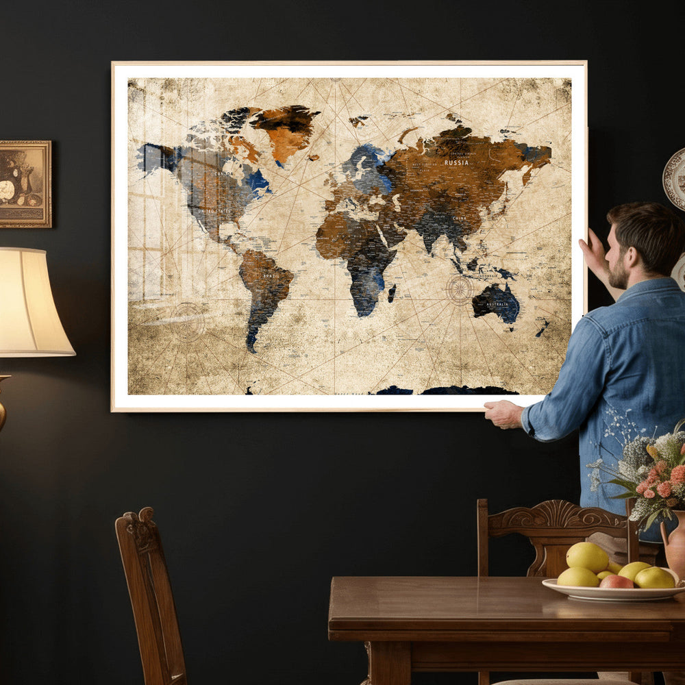 World Map Wall Art – Rustic Earth Tone Canvas Print, Antique