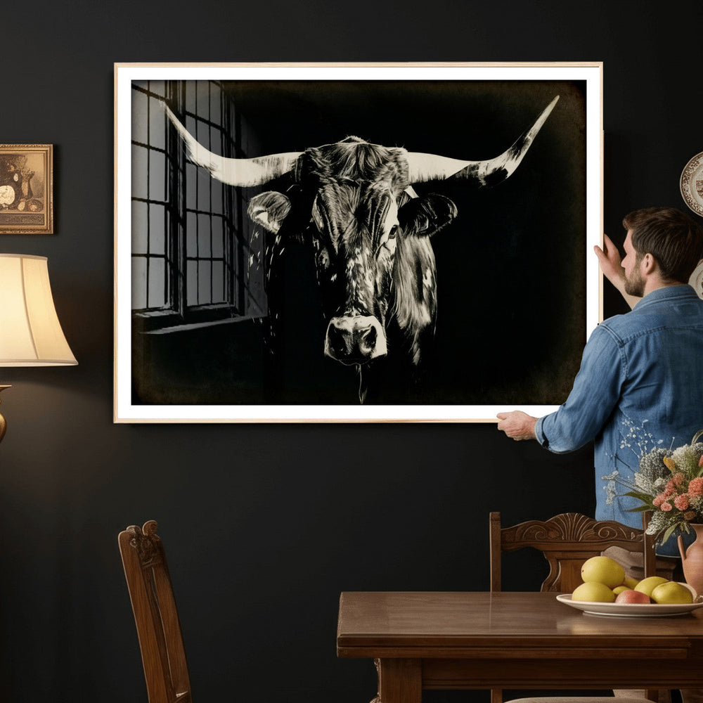 Black Bull Wall Art Canvas Print, Texas Longhorn Portrait