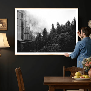 Black White Forest Wall Art Canvas Print, Misty Pine Tree