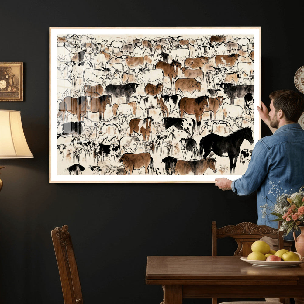 Farmhouse Animals Horse Longhorn Cow Wall Art Canvas Print -