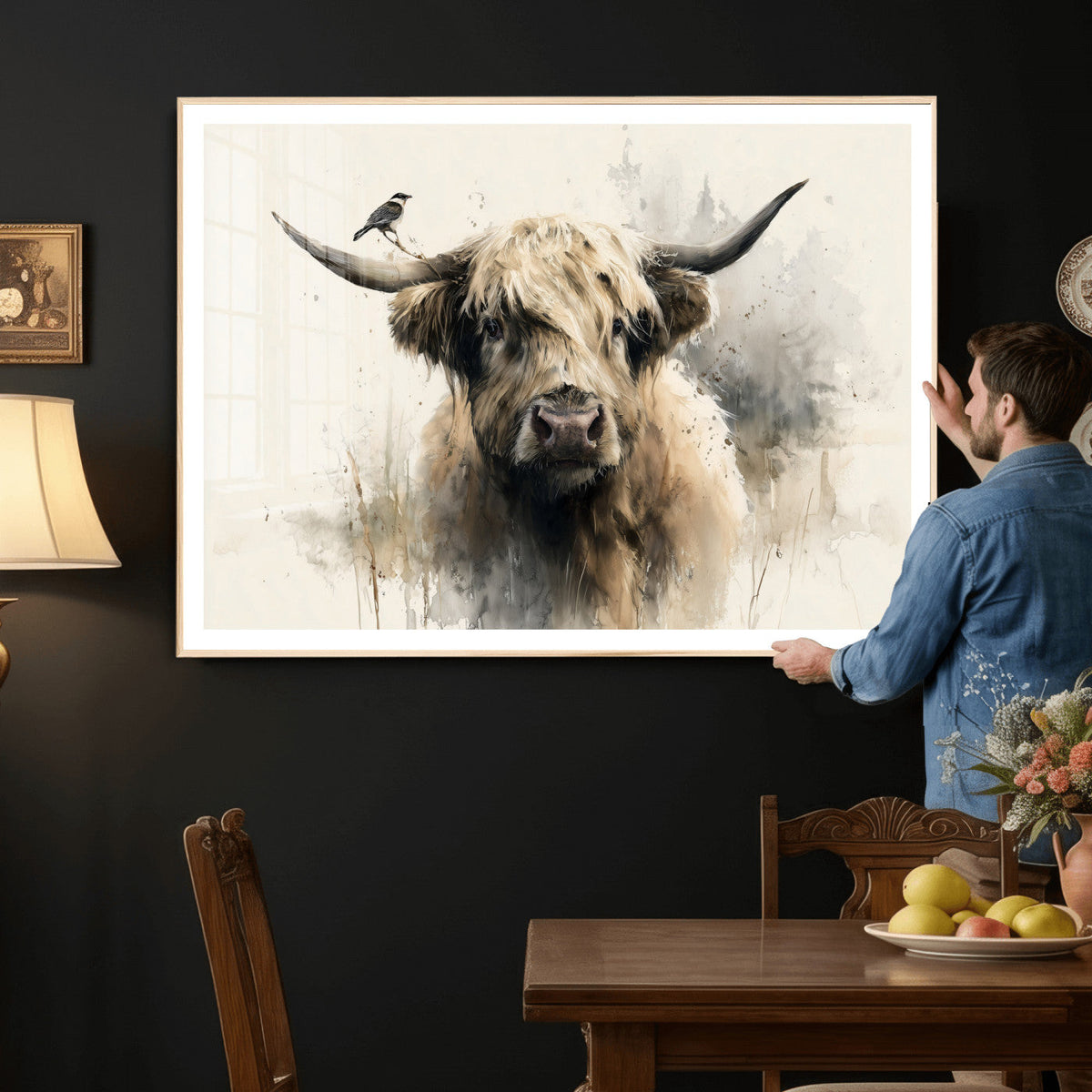 Abstract Highland Cow Wall Art Canvas Print, Rustic Farm