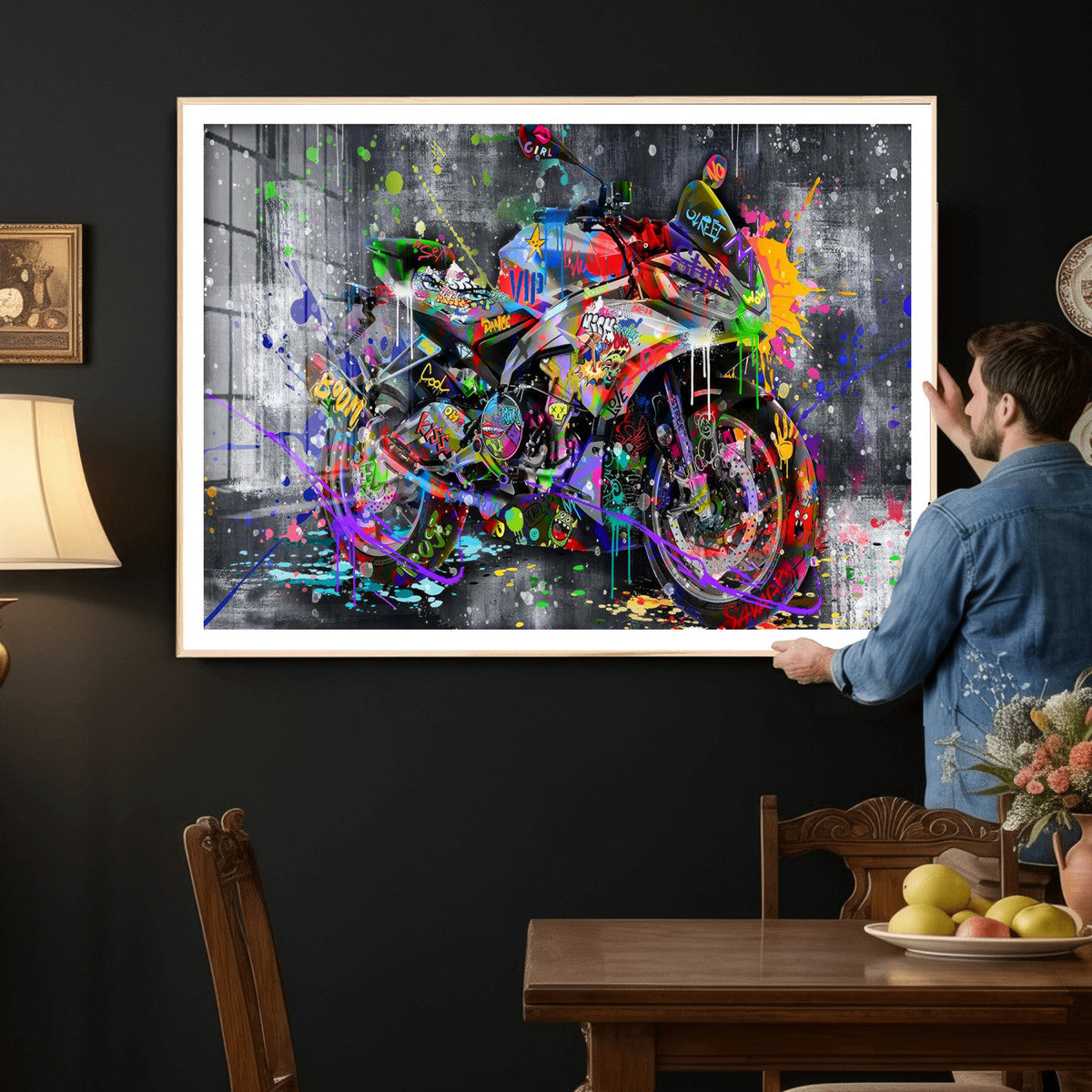 Graffiti Motorcycle Wall Art Canvas Print, Urban Street Art