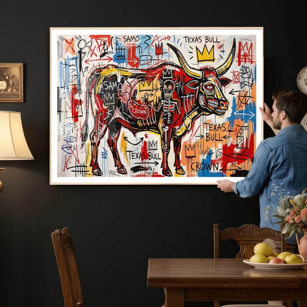 Texas Bull Wall Art Canvas Print, Abstract Graffiti Bull