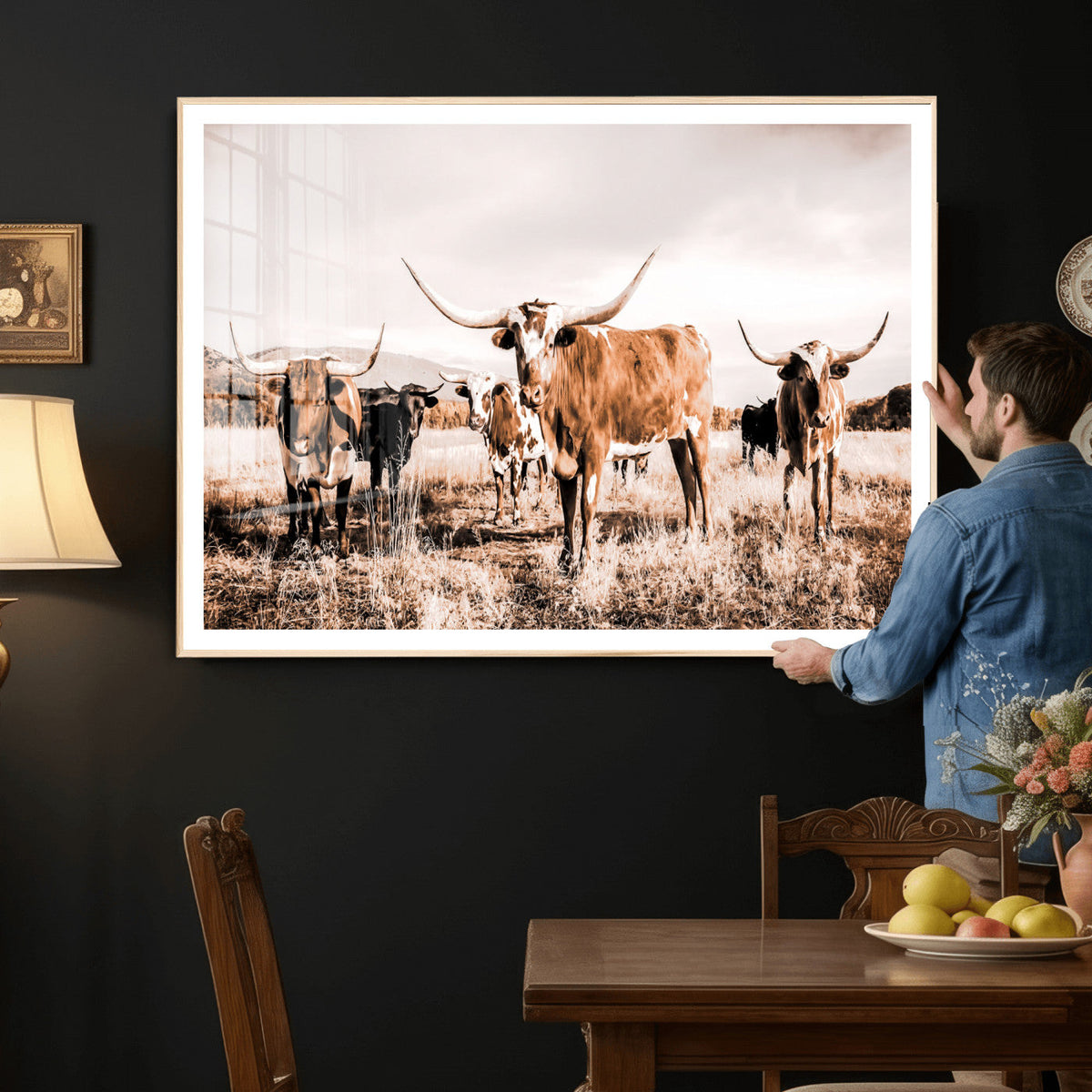 Texas Longhorn Cattle Wall Art Canvas Print, Sepia Western
