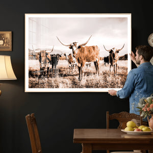 Texas Longhorn Cattle Wall Art Canvas Print, Sepia Western