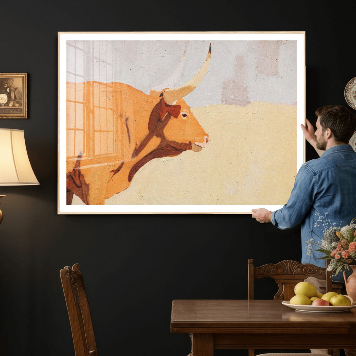 Minimal Longhorn Bull Wall Art Canvas Print, Neutral Western