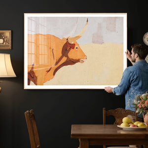 Minimal Longhorn Bull Wall Art Canvas Print, Neutral Western