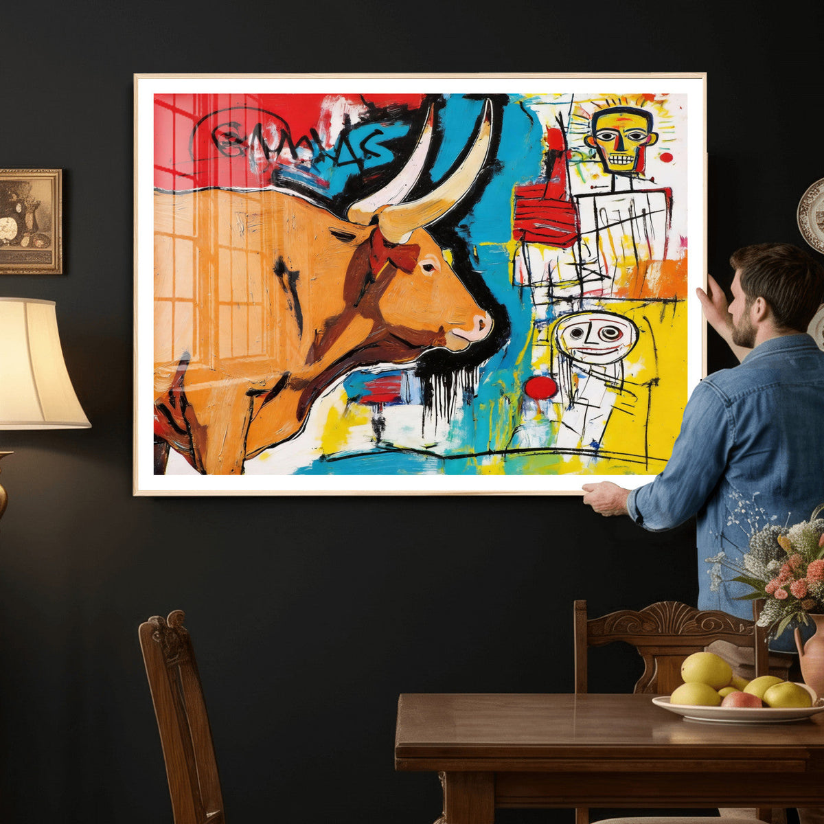 Basquiat Style Bull Graffiti Wall Art Canvas Print, Street