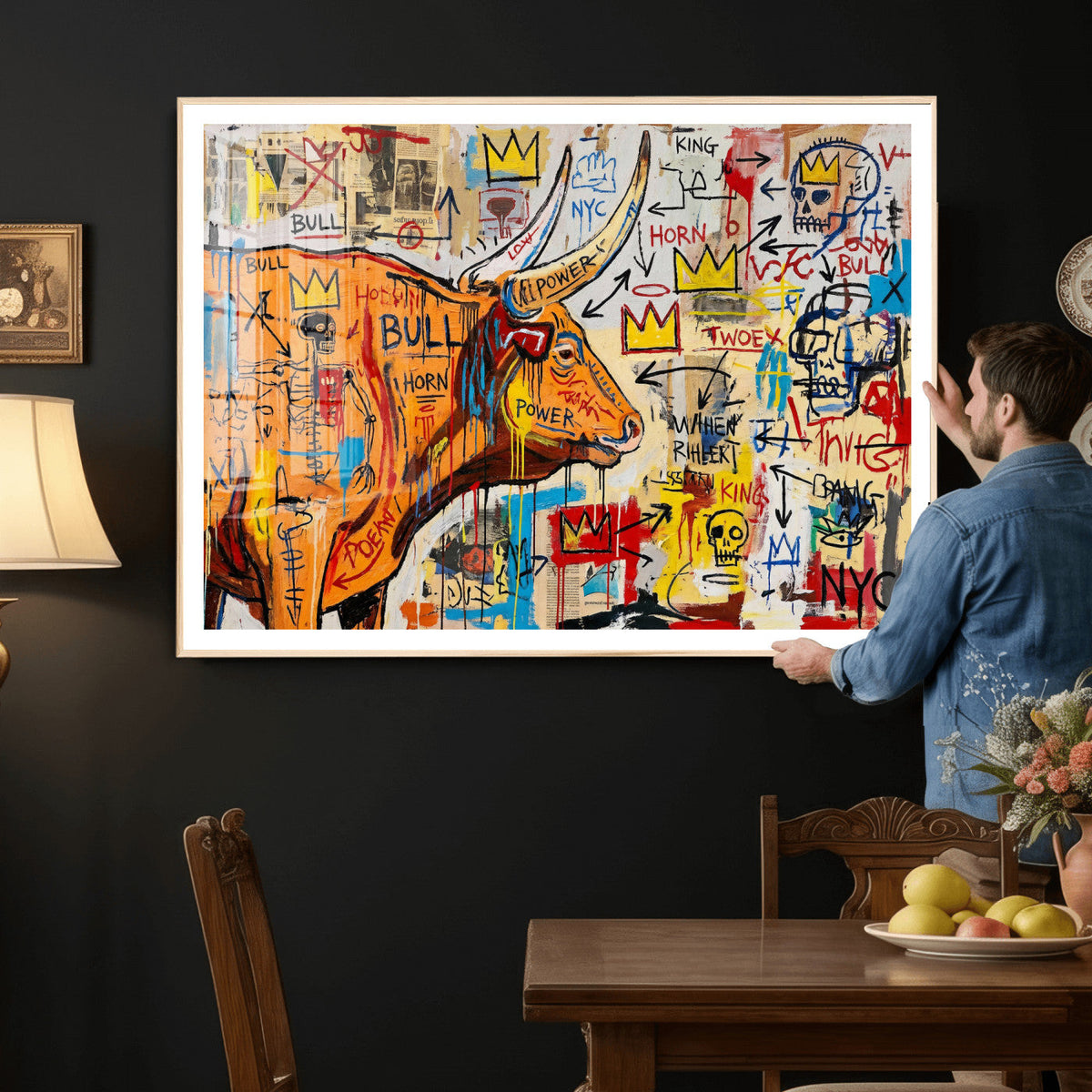 Basquiat Style Bull Graffiti Wall Art Canvas Print, Street
