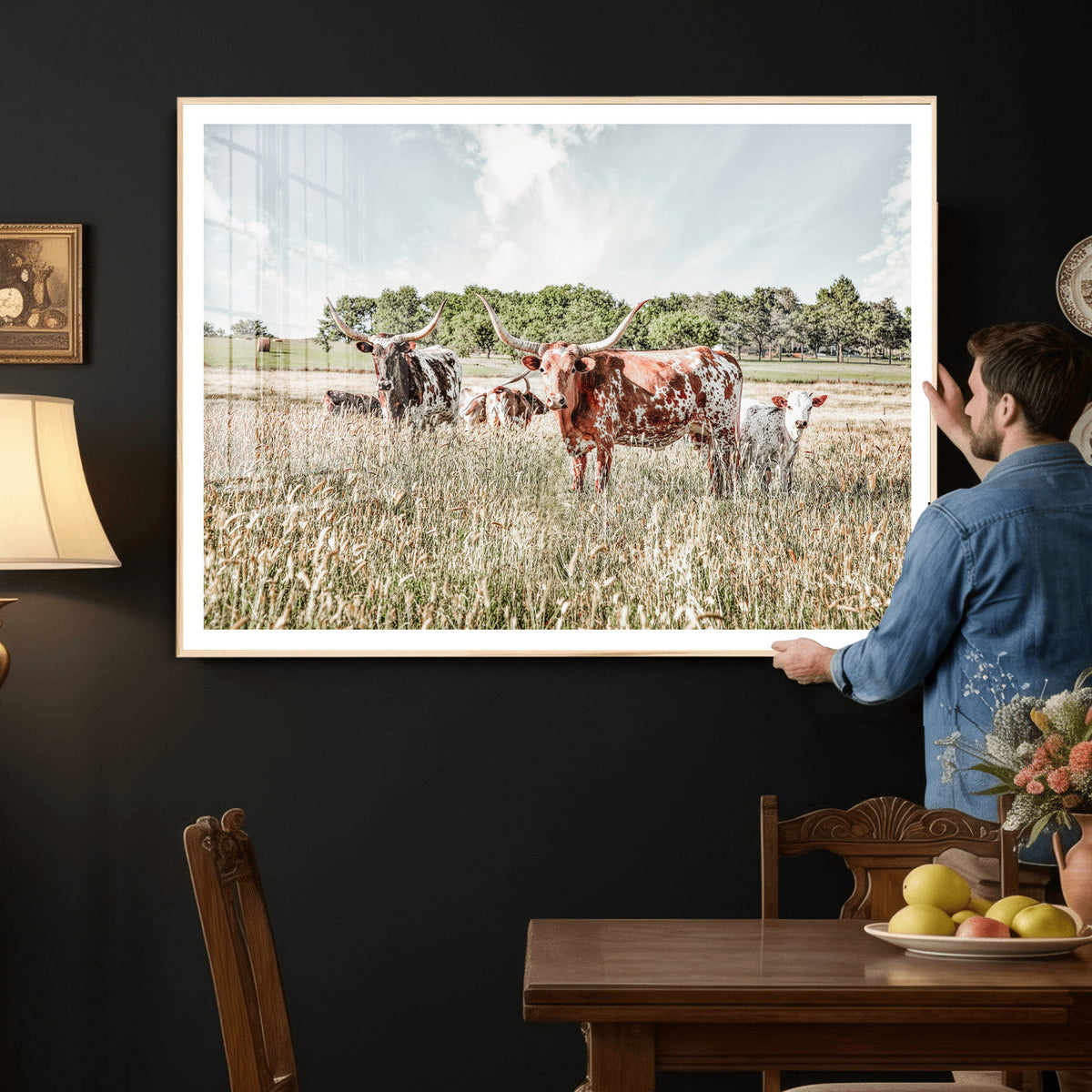 Texas Longhorn Cattle Wall Art Canvas Print, Rustic Ranch