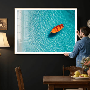Minimalist Boat Wall Art Canvas Print, Aerial Sea Landscape