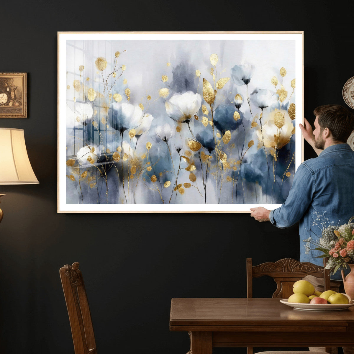Large Abstract Flowers Wall Art Canvas Print – Gold and Blue