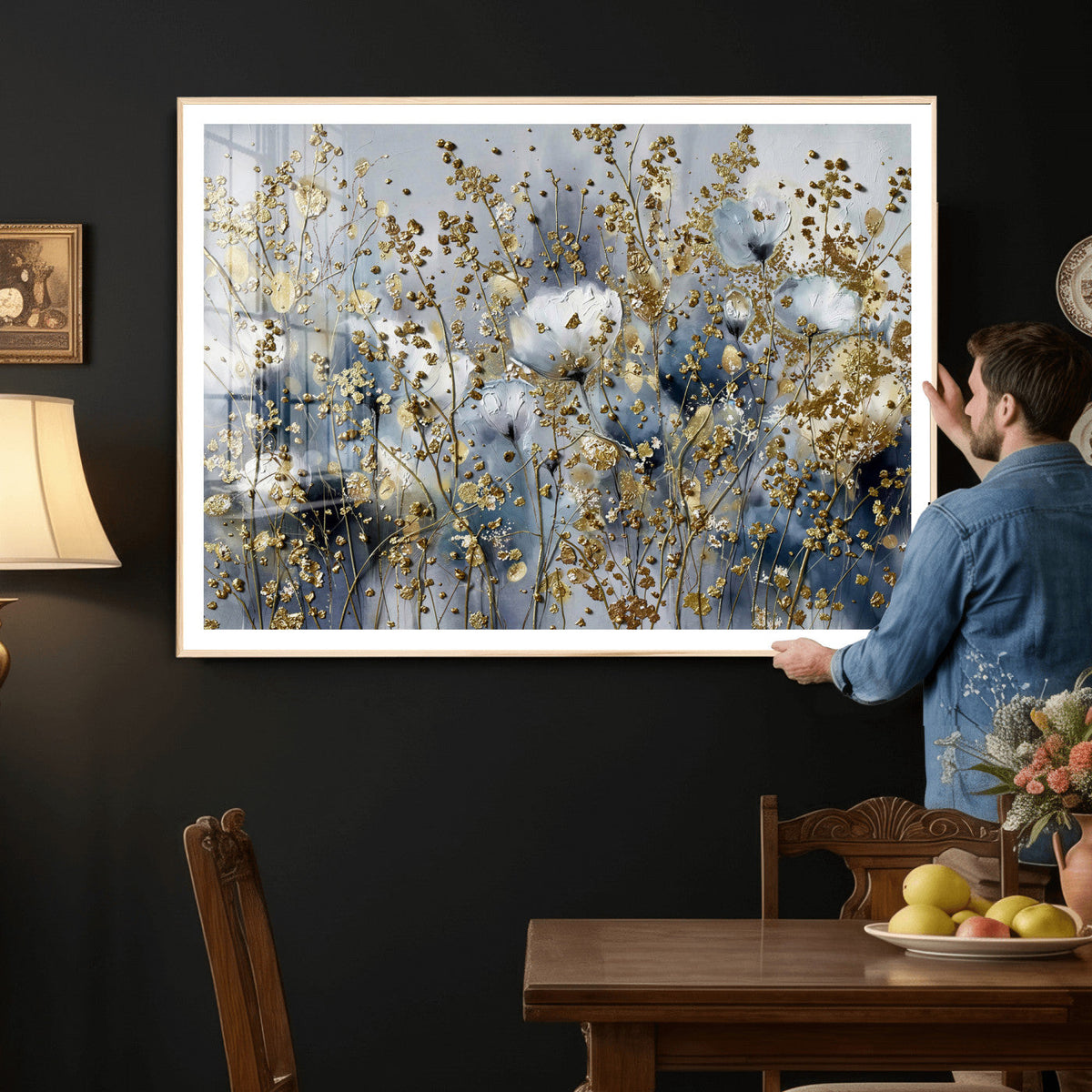 Abstract Floral Wall Art Canvas Print – Gold and Blue