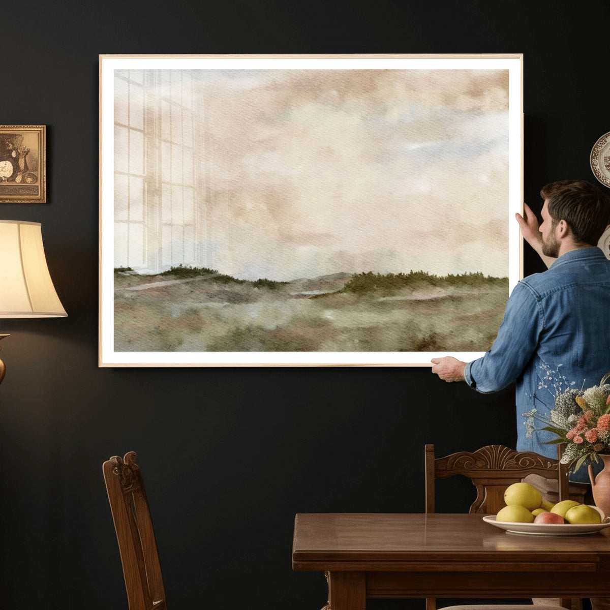 Muted Watercolor Hill Landscape Print — Beige Taupe Cloudy