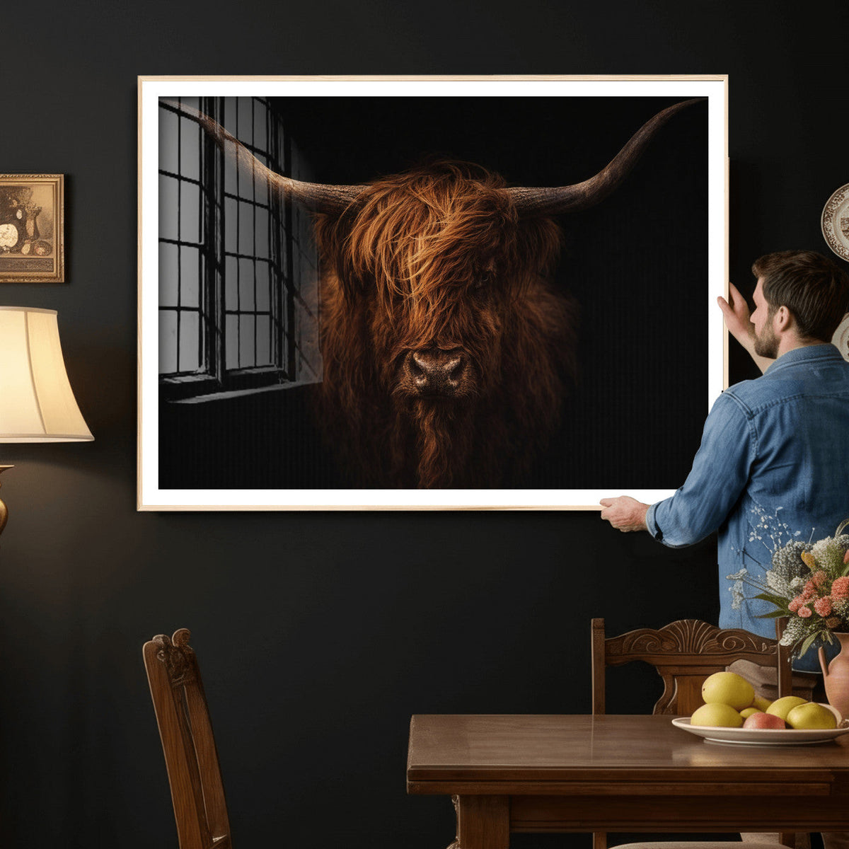 Highland Cow Wall Art Canvas Print – Moody Dark Rustic