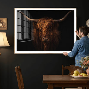 Highland Cow Wall Art Canvas Print – Moody Dark Rustic