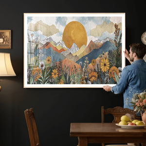 Boho Mountain Landscape Large Wall Art, Horizontal Gold