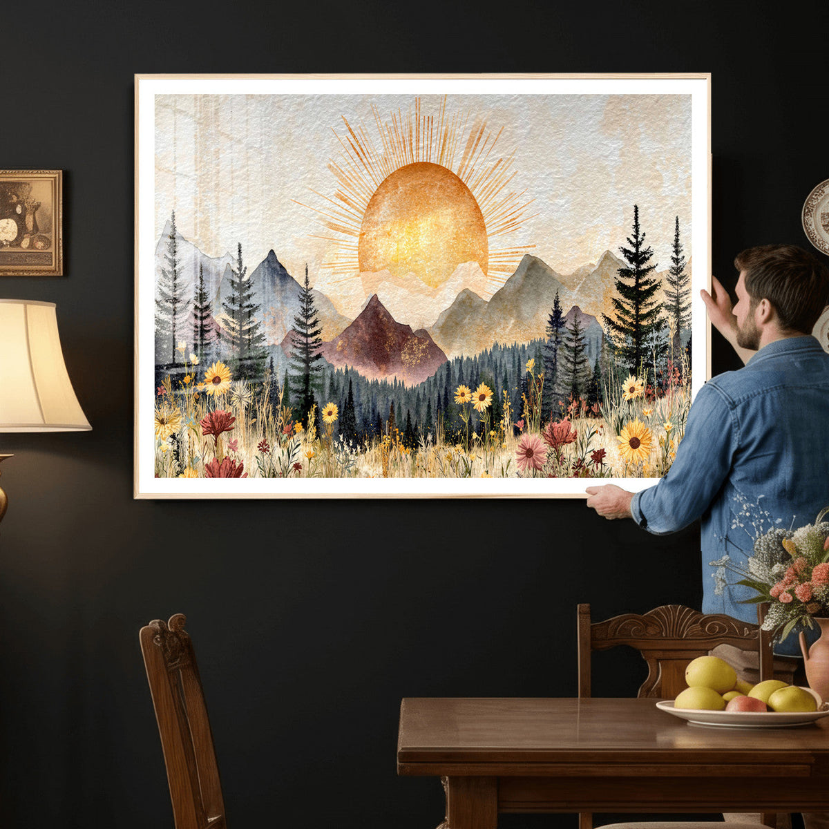Boho Mountain Landscape Large Wall Art, Horizontal Gold