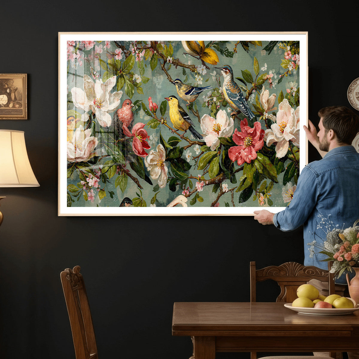 Vintage Birds and Flowers Wide Wall Art: Extra Large
