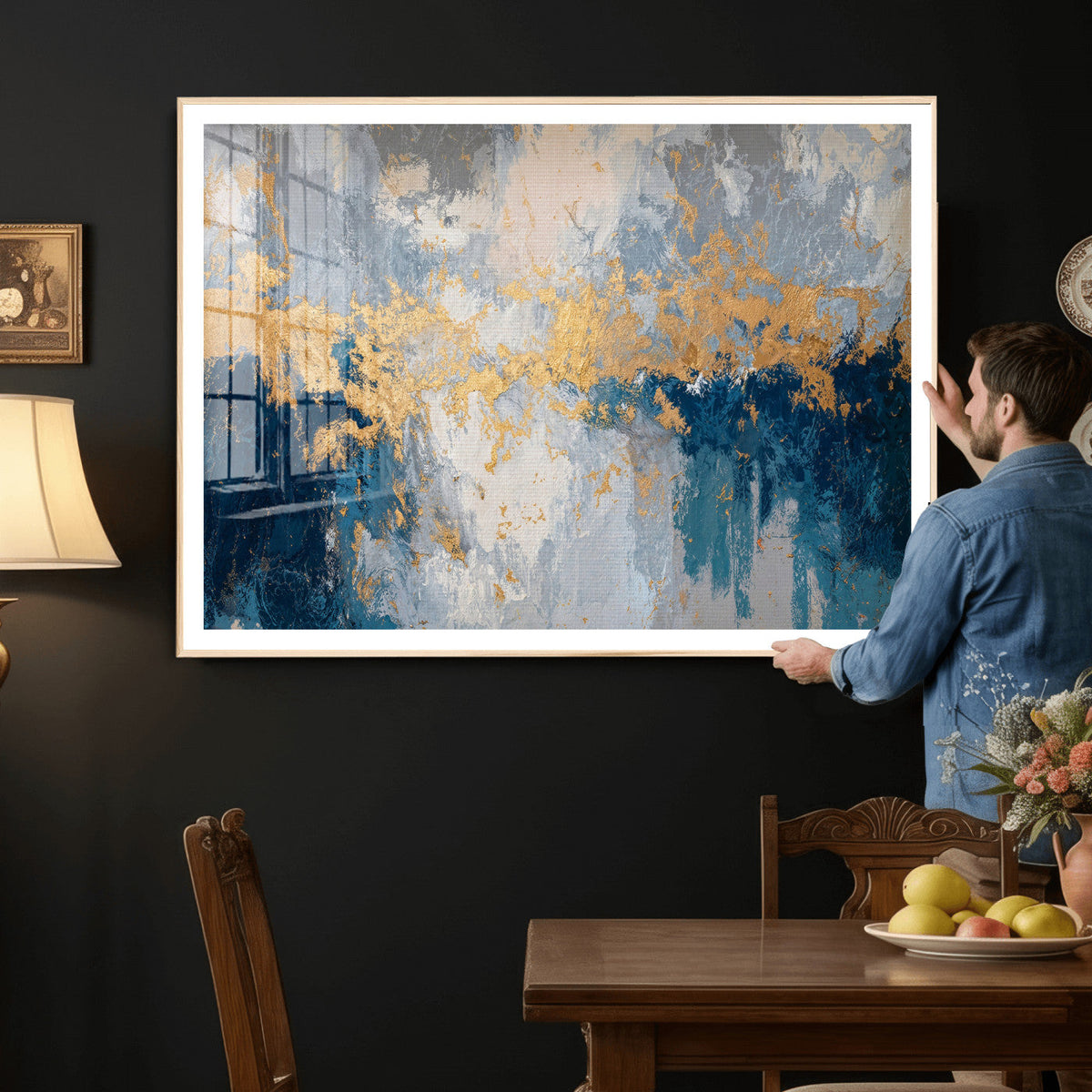 Blue Gold Abstract Large Framed Canvas Wall Art, Modern