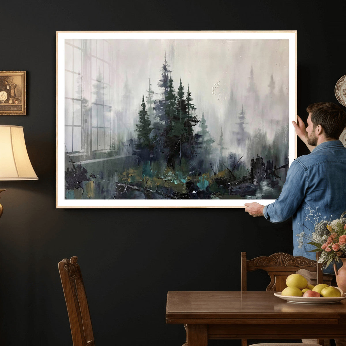 Misty Pine Forest Oil Painting Canvas — Dark Moody Teal Grey