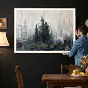 Misty Pine Forest Oil Painting Canvas — Dark Moody Teal Grey