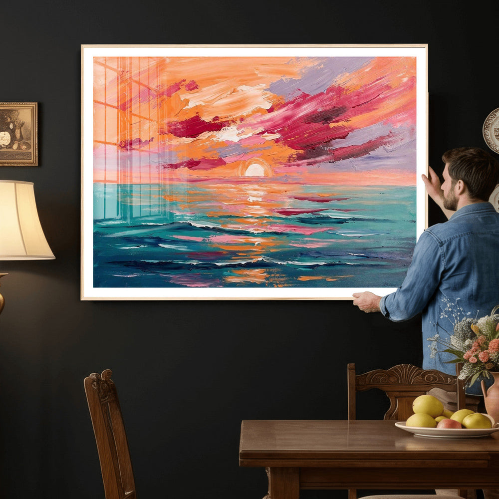 Bold Palette Knife Ocean Sunset Canvas — Orange Pink Teal