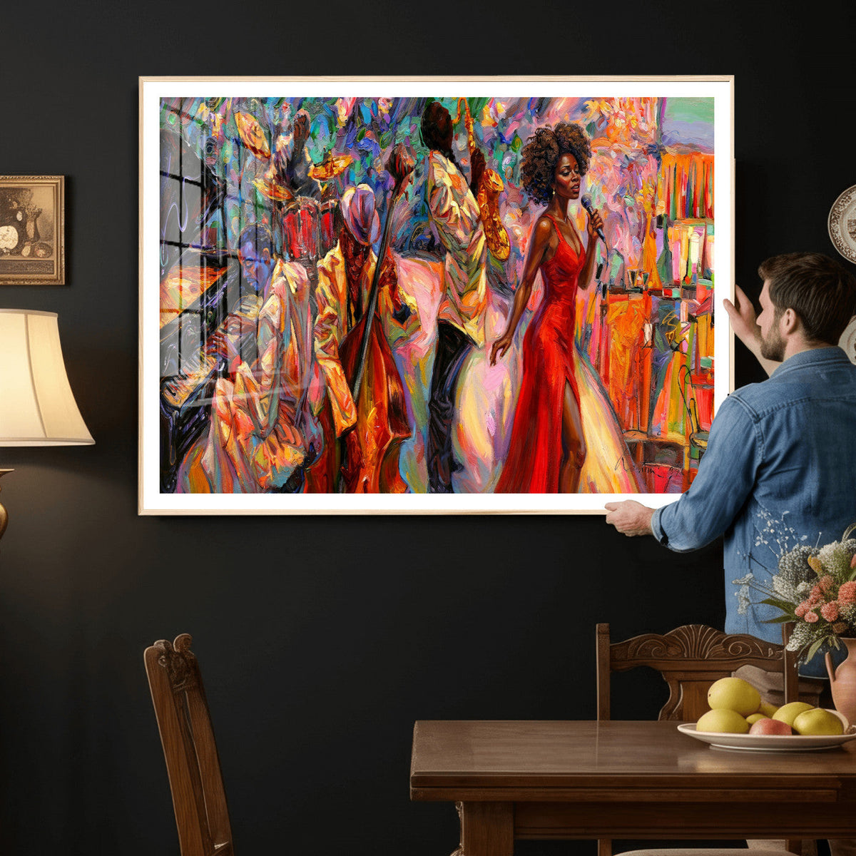 African American Jazz Singer Canvas Art — Red Dress Black