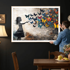 Banksy Butterfly Girl Wall Art Canvas Print, Framed Street