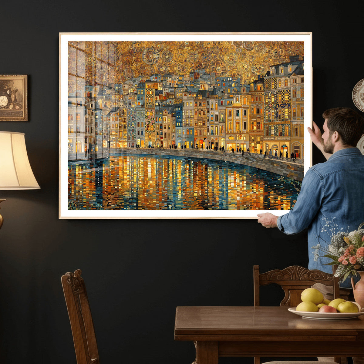Gustav Klimt Golden Cityscape Wall Art Canvas Print, Framed