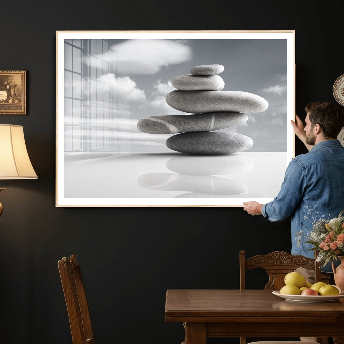 Zen Stone Wall Art Canvas Print, Balanced Rock Stack Framed