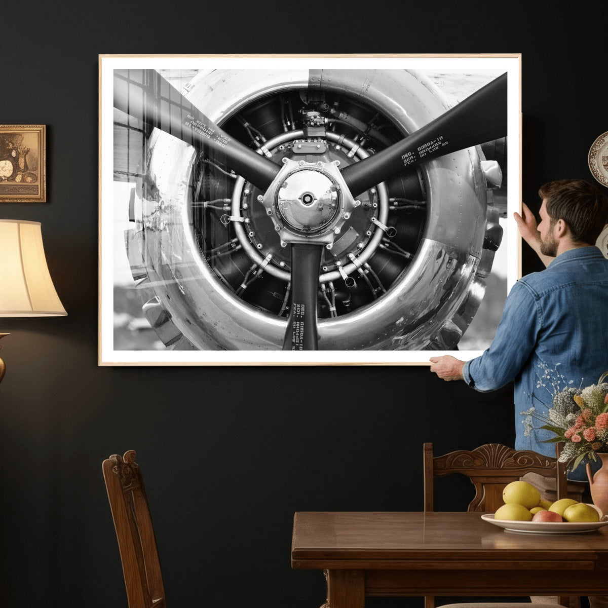 Vintage Propeller Plane Wall Art Canvas Print, Black and