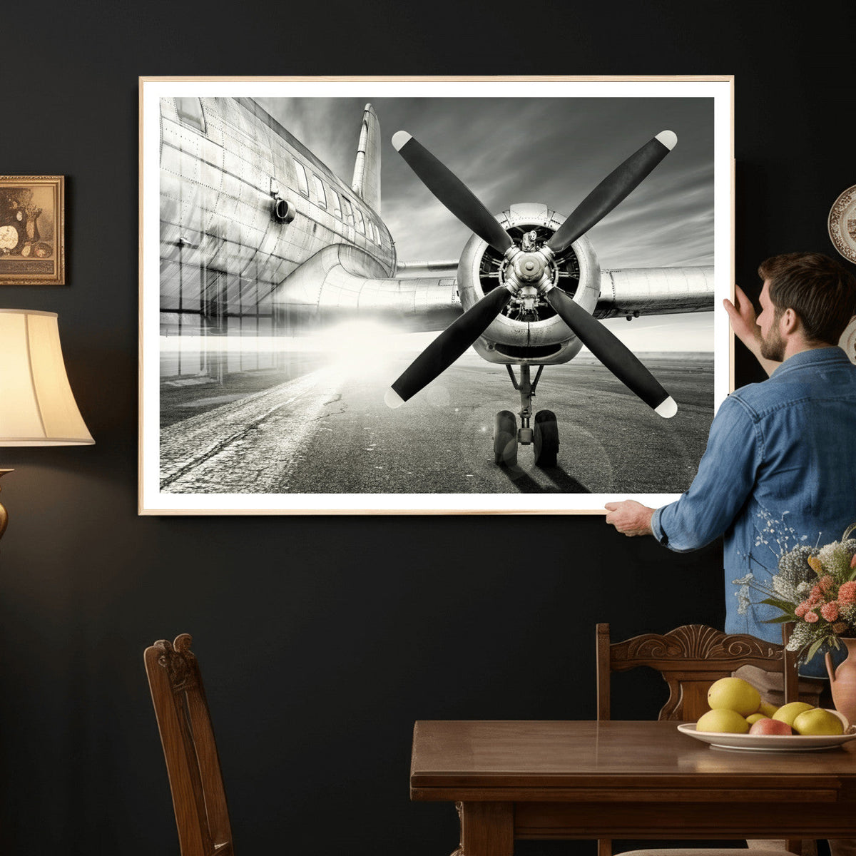 Vintage Airplane Wall Art Canvas Print, Black and White