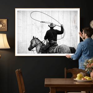 Cowboy Lasso Canvas Wall Art, Black White Western Horse