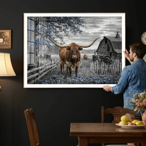Texas Longhorn Canvas Wall Art, Rustic Farm Barn Bluebonnet
