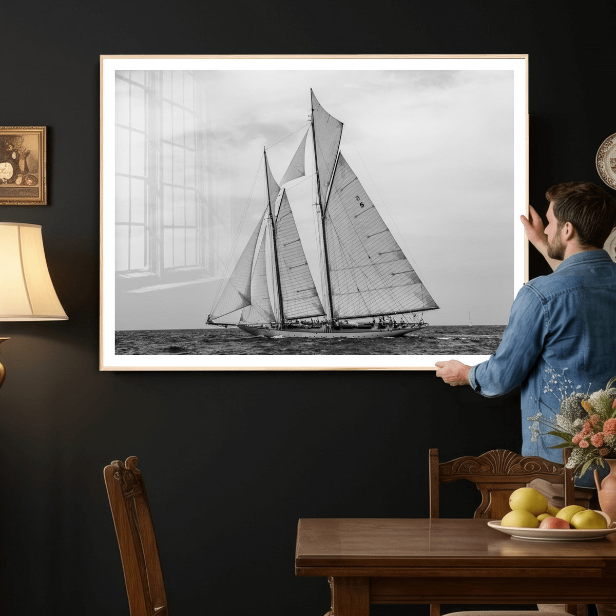Vintage Sailboat Wall Art Canvas Print, Black and White