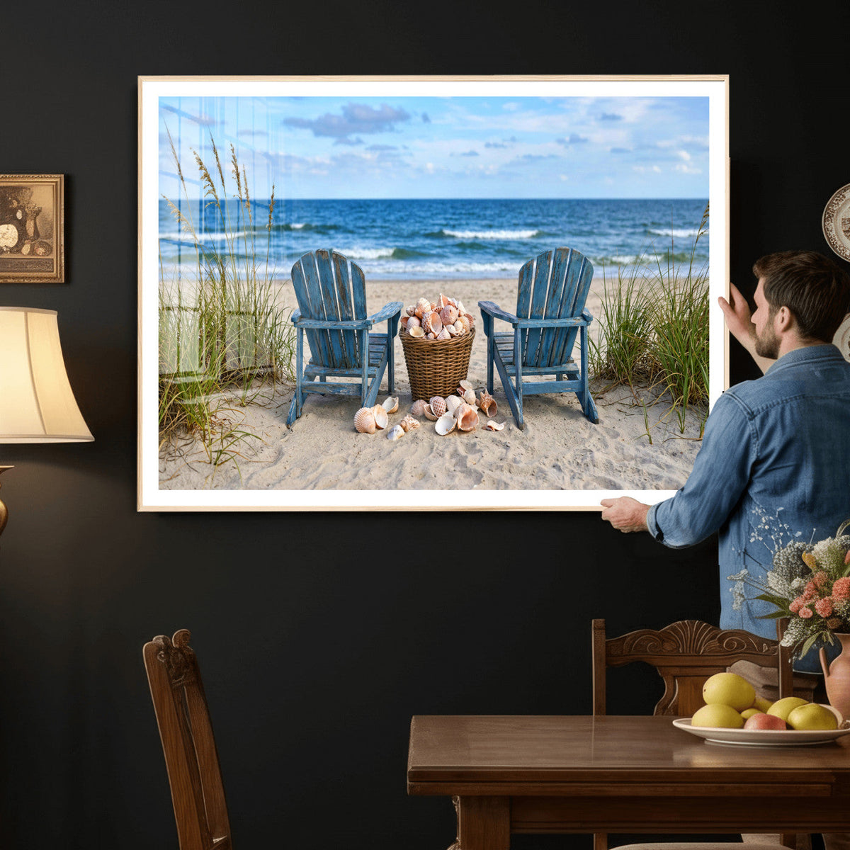 Large Beach Canvas Wall Art Coastal Adirondack Chairs Ocean