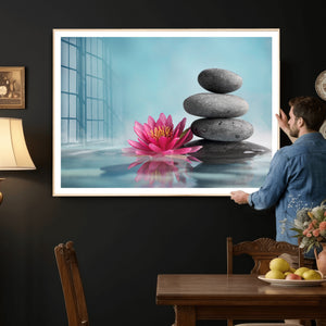 Zen Canvas Wall Art Lotus Flower Stacked Stones Teal Spa