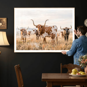 Texas Longhorn Canvas Wall Art, Rustic Farm Animal Photography Print, Farmhouse Country Decor, Western Ranch Art