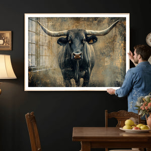 Texas Longhorn Bull Wall Art – Framed Rustic Cow Canvas