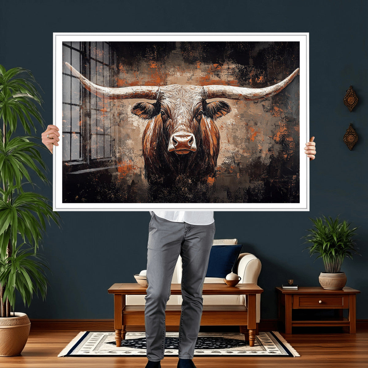 Abstract Longhorn Wall Art Canvas Print – Vintage Western