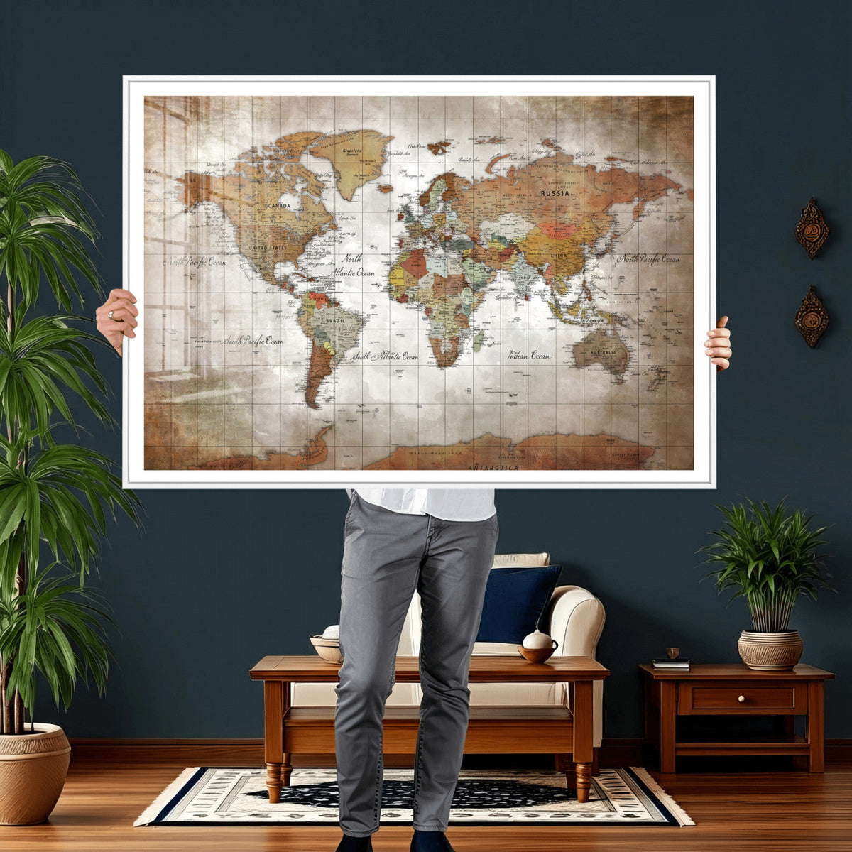 Vibrant Watercolor World Map Canvas Wall Art – Framed Travel